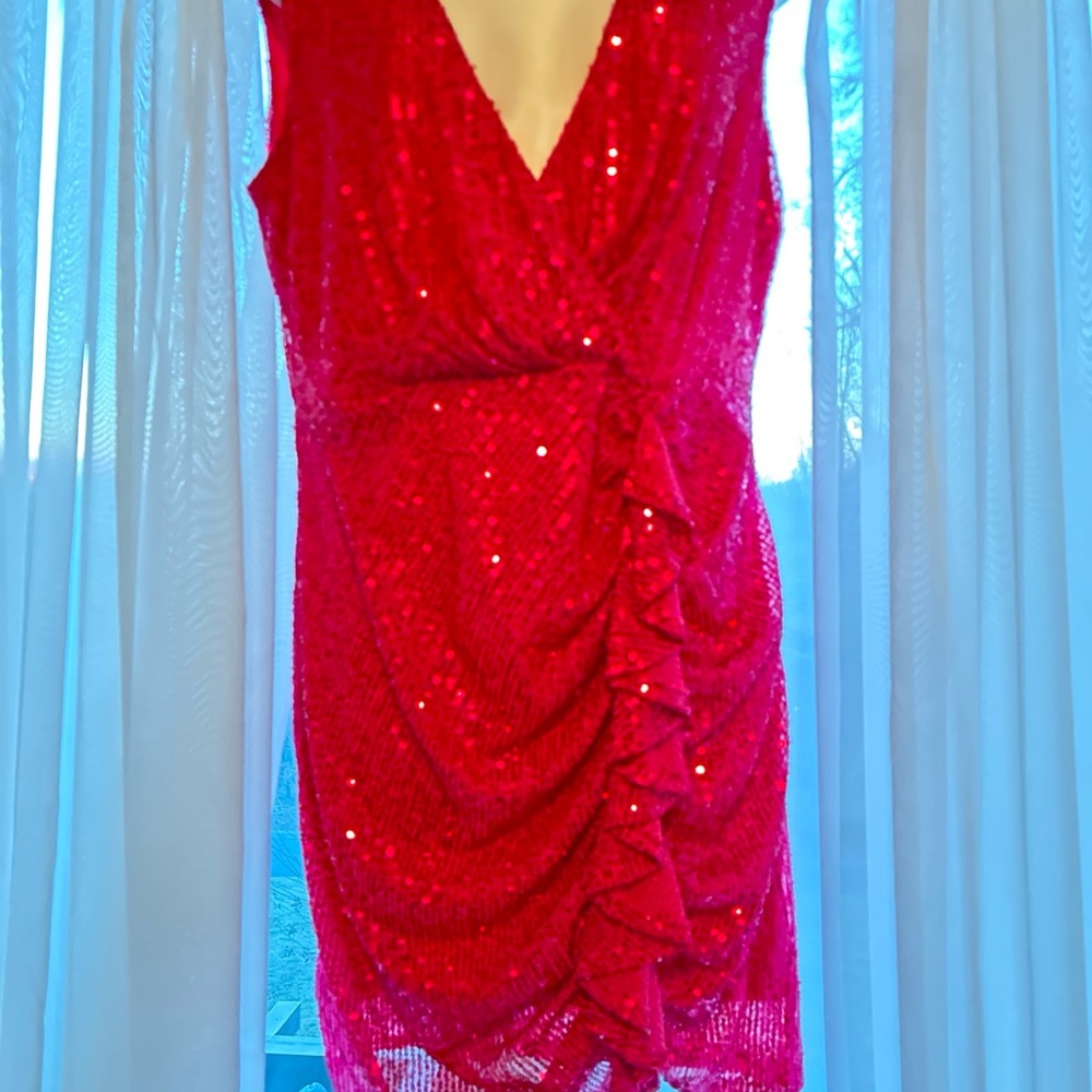 One33 Social Red Sequin Faux Wrap Dress. Mini.